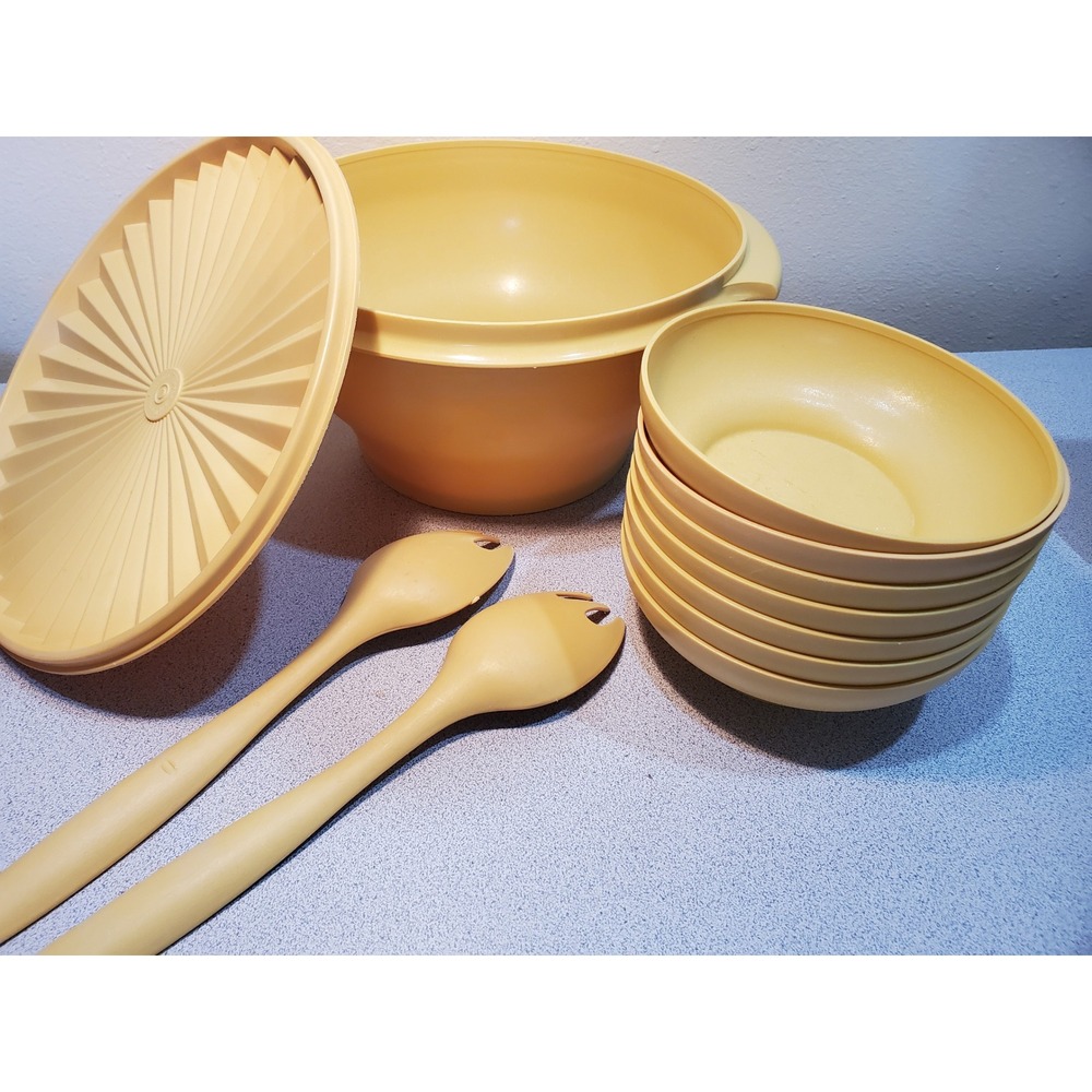 Vintage Tupperware Harvest Gold Salad Set 274-1 Bowl Lid 7 Bowls Tongs 10pc